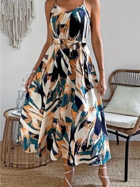 SHEIN Teal, Navy & Cream Abstract Print Spaghetti Strap Maxi Dress